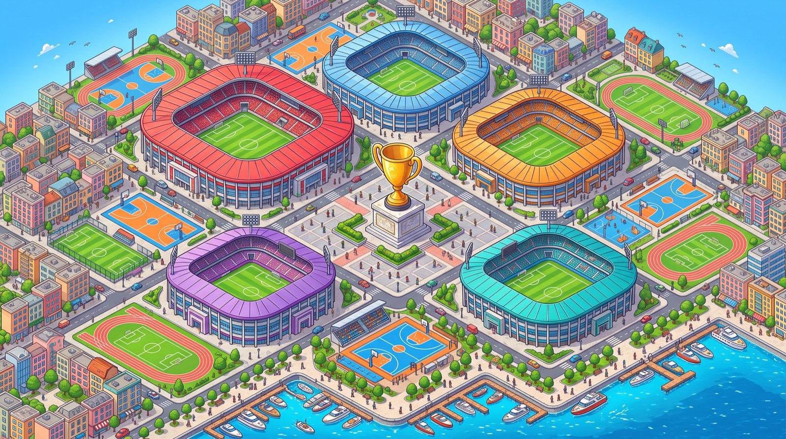 Isometric view of Sprt City at night