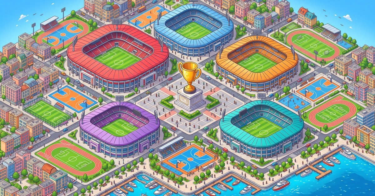 An isometric view of Sprt City under the floodlights